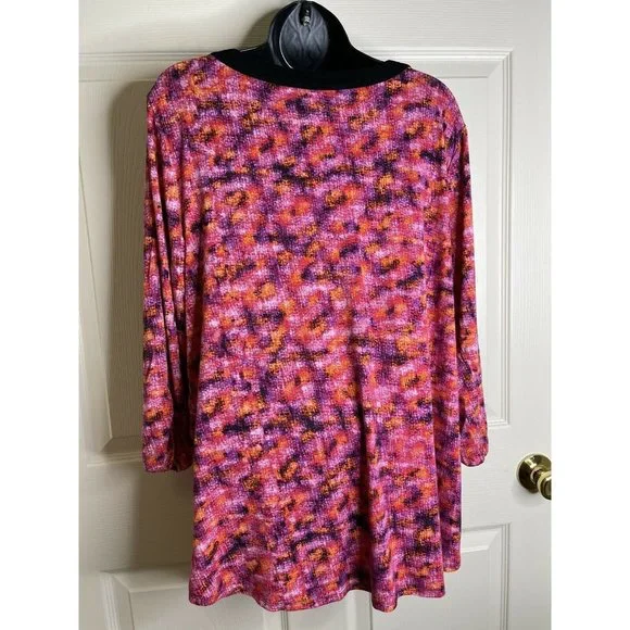 August Silk Top Womens Size XL Long Sleeve Purple Pink Coral Black Stretch Rayon - Picture 8 of 9